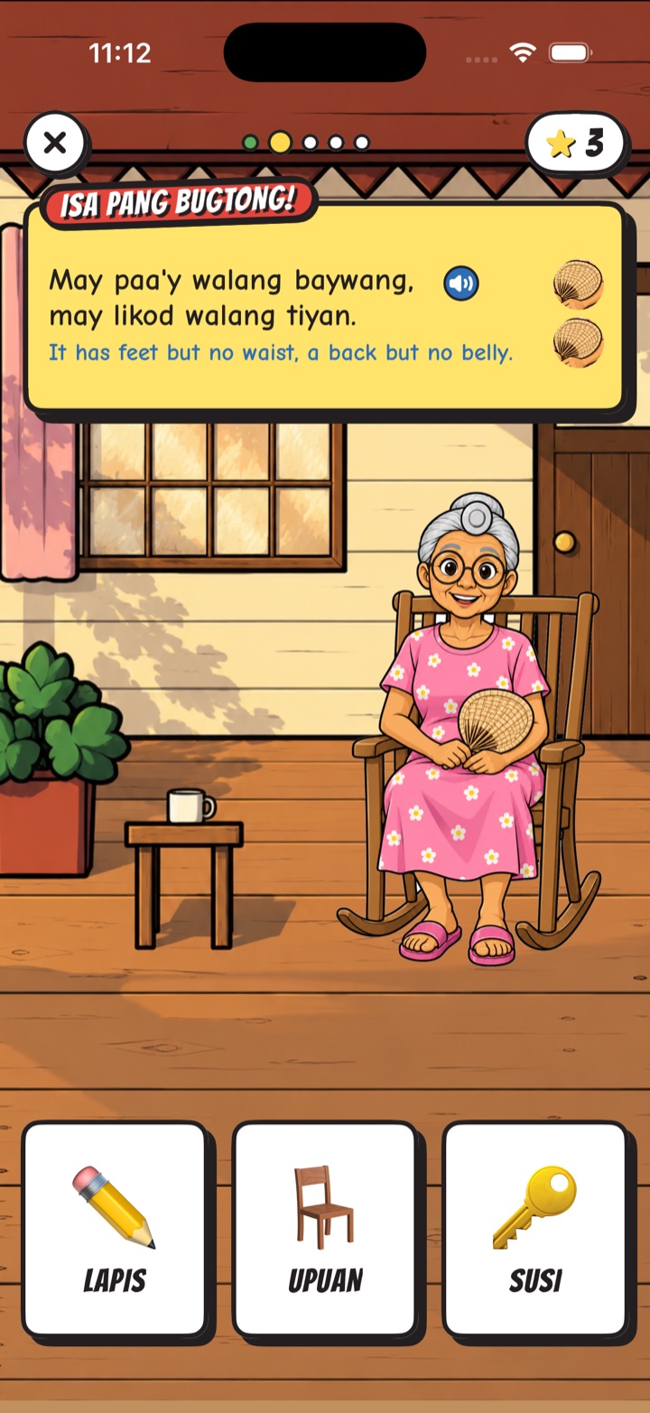 Bugtong of the Day: Lola on the porch with three picture cards