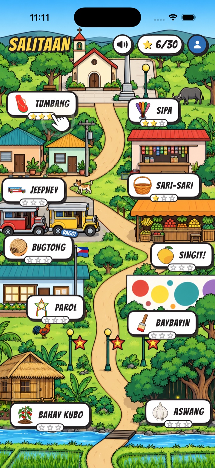 The Salitaan map: a komiks barangay with ten places to play, from the plaza at the top to the river at the bottom