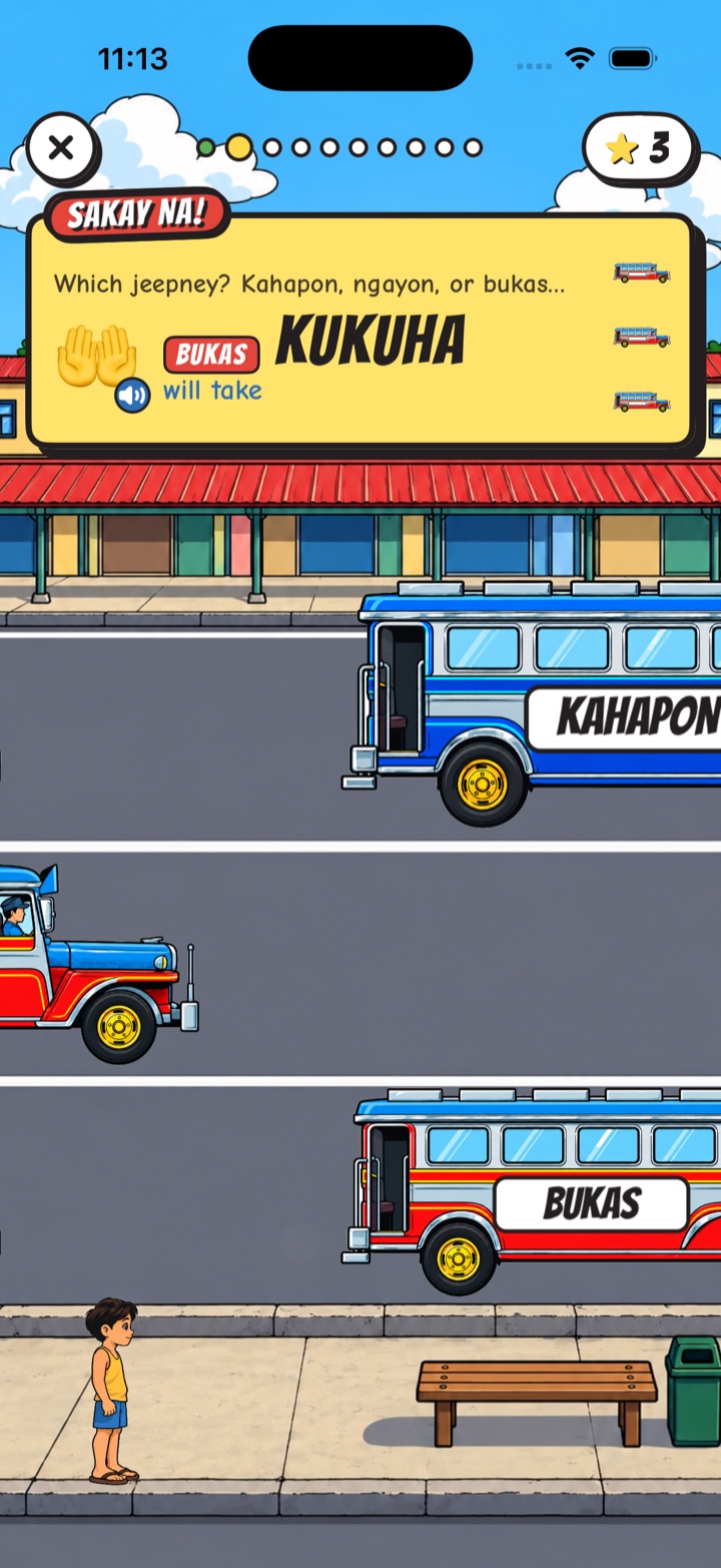 Jeepney Rush: three jeepneys with kahapon, ngayon and bukas signs